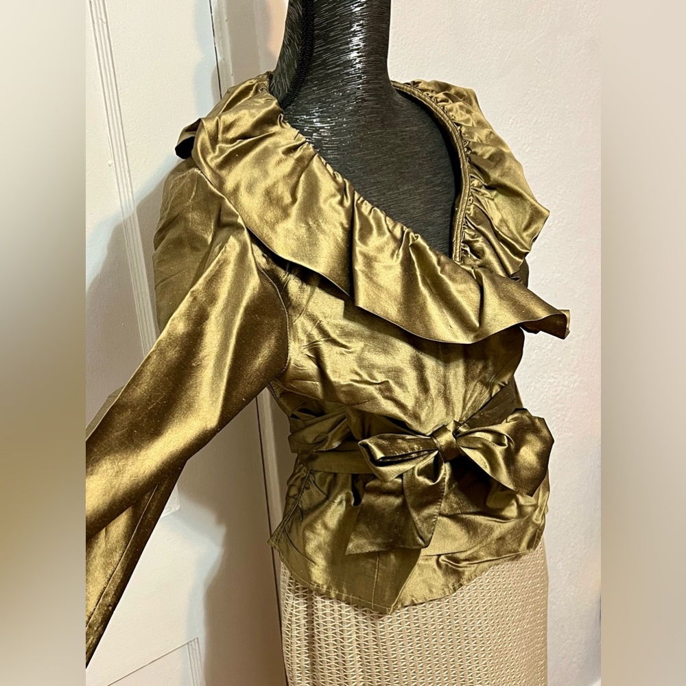 Areli Metallic Green Gold Ruffle Wrap Silk Blouse Sz 4